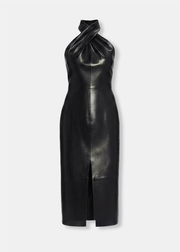 Romare Leather Dress - Lambskin Midi Dress with Crossover Neckline