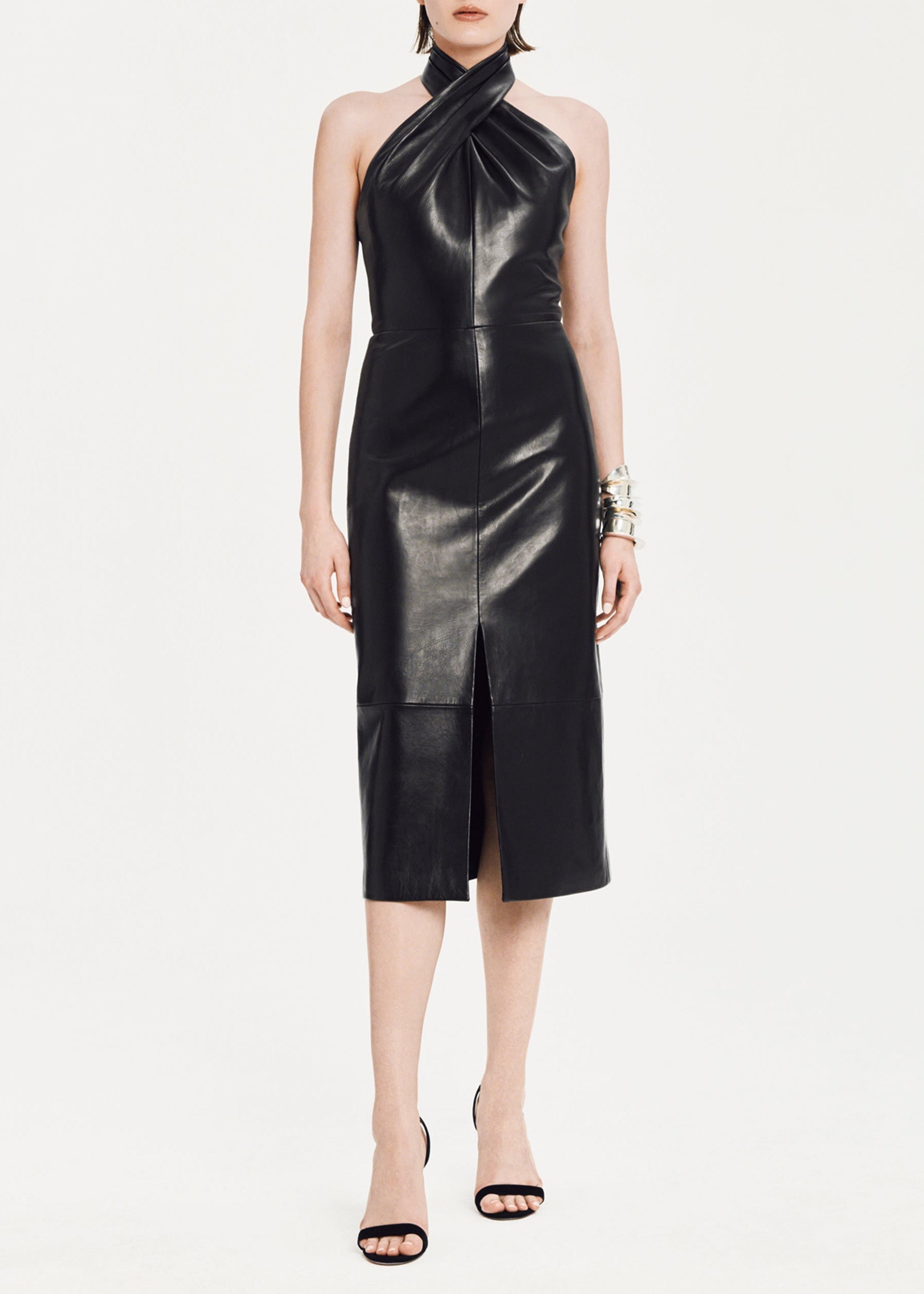 Romare Leather Dress - Lambskin Midi Dress with Crossover Neckline | Salon 1884 Romare Leather Dress - Lambskin Midi Dress with Crossover Neckline | Salon 1884
